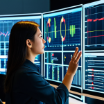 A professional female data engineer in modest business casual attire, fully clothed, actively analyzing real-time data on multiple large, glowing computer screens in a modern, clean data operations center. The screens display complex data visualizations, charts, and alert dashboards. She stands in a natural pose, gesturing slightly, focused on a critical data anomaly. Perfect anatomy, correct proportions, well-formed hands, proper finger count, natural body proportions. Safe for work, appropriate content, professional, high resolution, professional photography, cinematic lighting.