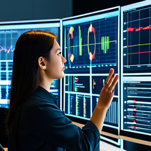 Home 14 A professional female data engineer in modest business casual attire, fully clothed, actively analyzing real-time data on multiple large, glowing computer screens in a modern, clean data operations center. The screens display complex data visualizations, charts, and alert dashboards. She stands in a natural pose, gesturing slightly, focused on a critical data anomaly. Perfect anatomy, correct proportions, well-formed hands, proper finger count, natural body proportions. Safe for work, appropriate content, professional, high resolution, professional photography, cinematic lighting.