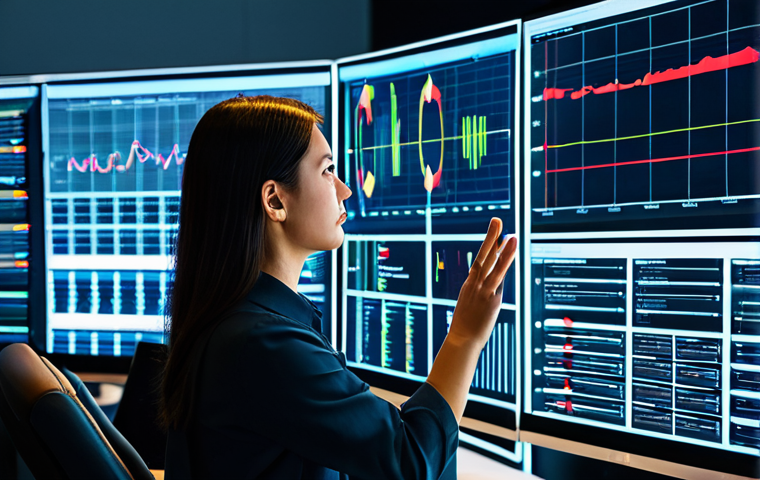 A professional female data engineer in modest business casual attire, fully clothed, actively analyzing real-time data on multiple large, glowing computer screens in a modern, clean data operations center. The screens display complex data visualizations, charts, and alert dashboards. She stands in a natural pose, gesturing slightly, focused on a critical data anomaly. Perfect anatomy, correct proportions, well-formed hands, proper finger count, natural body proportions. Safe for work, appropriate content, professional, high resolution, professional photography, cinematic lighting.
