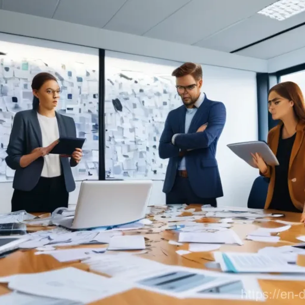 정보 시스템과 데이터 품질의 상관관계 - **Prompt:** A dynamic, slightly chaotic scene within a modern office. In the foreground, business pr...