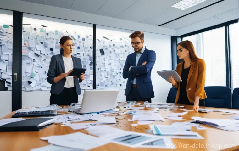 정보 시스템과 데이터 품질의 상관관계 - **Prompt:** A dynamic, slightly chaotic scene within a modern office. In the foreground, business pr...