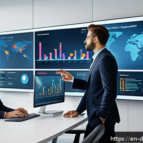 Home 24 데이터 품질 관리 시스템의 장점 - A modern office scene showing a diverse team of professionals collaborating around a large digital d...