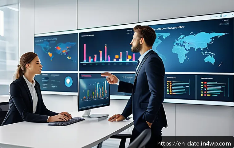 데이터 품질 관리 시스템의 장점 - A modern office scene showing a diverse team of professionals collaborating around a large digital d...