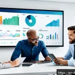 Home 18 고객 데이터 품질 향상 전략 - A modern office scene showing a diverse team of professionals collaborating around a large digital t...