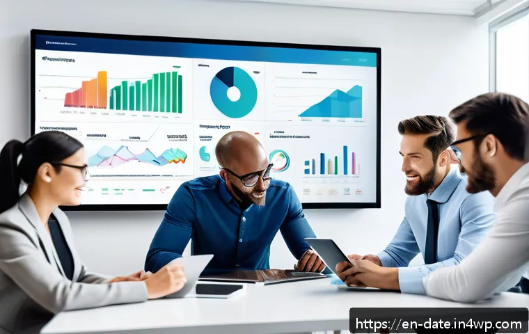 고객 데이터 품질 향상 전략 - A modern office scene showing a diverse team of professionals collaborating around a large digital t...