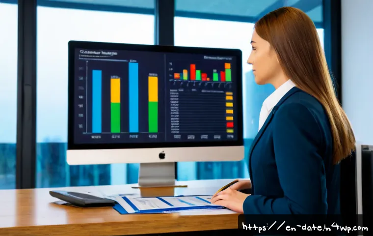 데이터 품질과 비즈니스 성과 간의 관계 - Photorealistic modern business office, confident analyst and manager reviewing a clean dashboard of ...