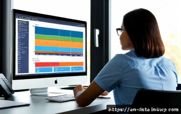 고급 데이터 품질 관리 기법 - Photorealistic modern data quality management workspace, senior data analyst reviewing a large clean...